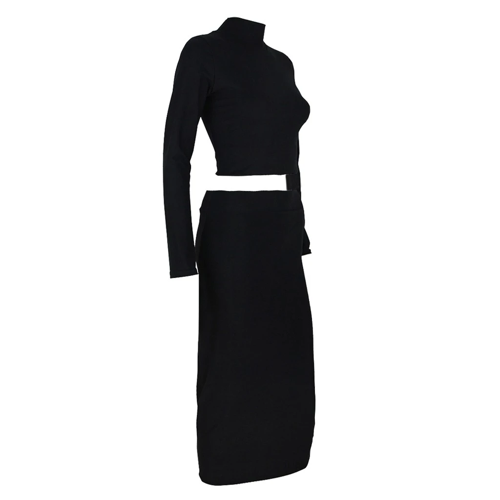 New Mid-Calf Dress Women Autumn O-Neck High Collar Long Sleeve Solid Sexy Two-Piece Tops And Skirt Suit Girl Ladies 729