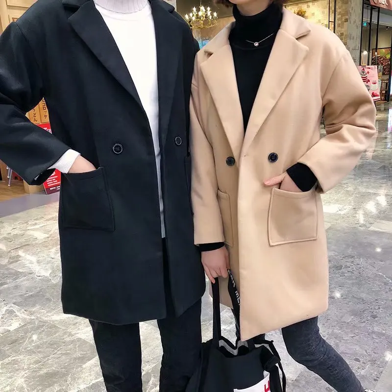 Autumn And Winter Men Mid-length Woolen Coat Couples Korean-style Casual Youth Mantle Coat Overcoat Men's