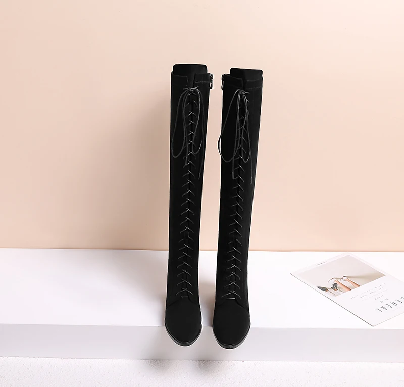 Stretch Flock Women Boot Cross Tied Round Toe Footwear Pearl Low Heels Female Boot Over The Knee Shoes Woman Winter