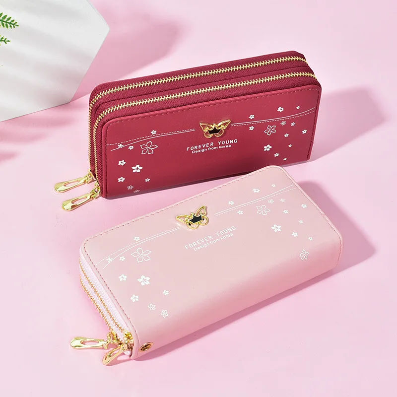 

Double Zipper Butterfly Wallets Fashion Lady Wristlet Handbags Long Money Bag Coin Purse Card ID Holder Clutch Woman Wallet