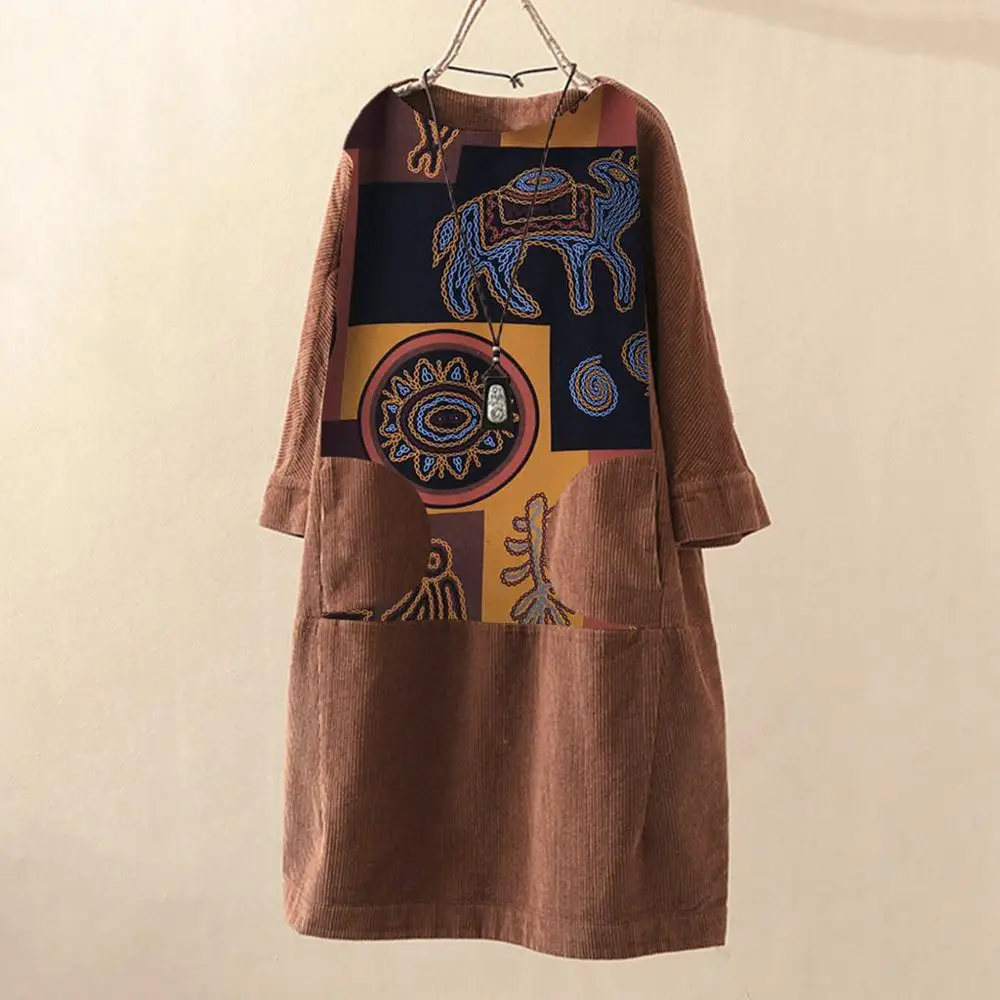 Skup Kobiety w stylu Vintage sukienki sztruksowe etniczny nadruk patchworkowy z długim rękawem kieszenie luźna zimowa wydłużana sukienka 2020 Trend w modzie