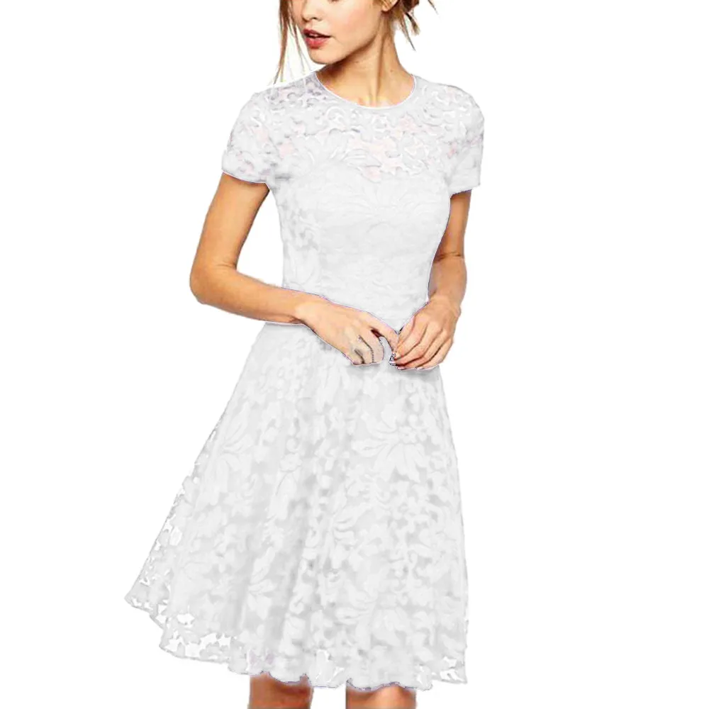 F# Elegant Temperament Lace Hollow Out Woman Dress Office Lady Round Neck Short Sleeve Summer Dress Chiffon Big Swing Min Dress