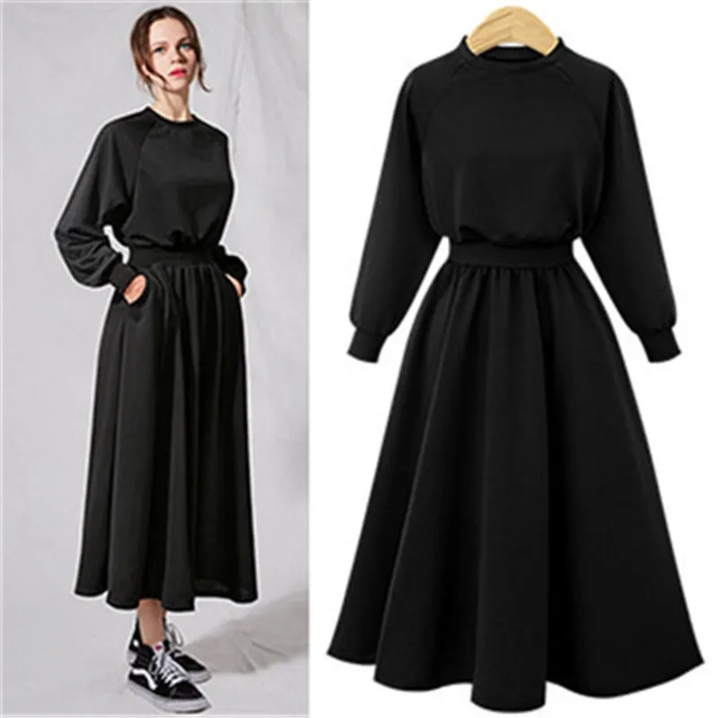 

Plus Size Casual Bohemian Dress Retro Solid Color Women Maxi Fall Winter Deep O-Neck Sexy Long Sleeve Chiffon Long Vestidos