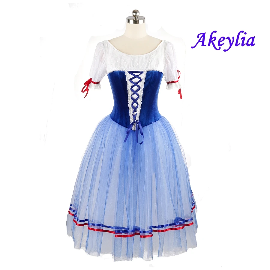 Flame of Paris Romantic Ballet Tutu Costume Giselle Professional Tutus Peasant women Blue White long Ballet dress Village Girls