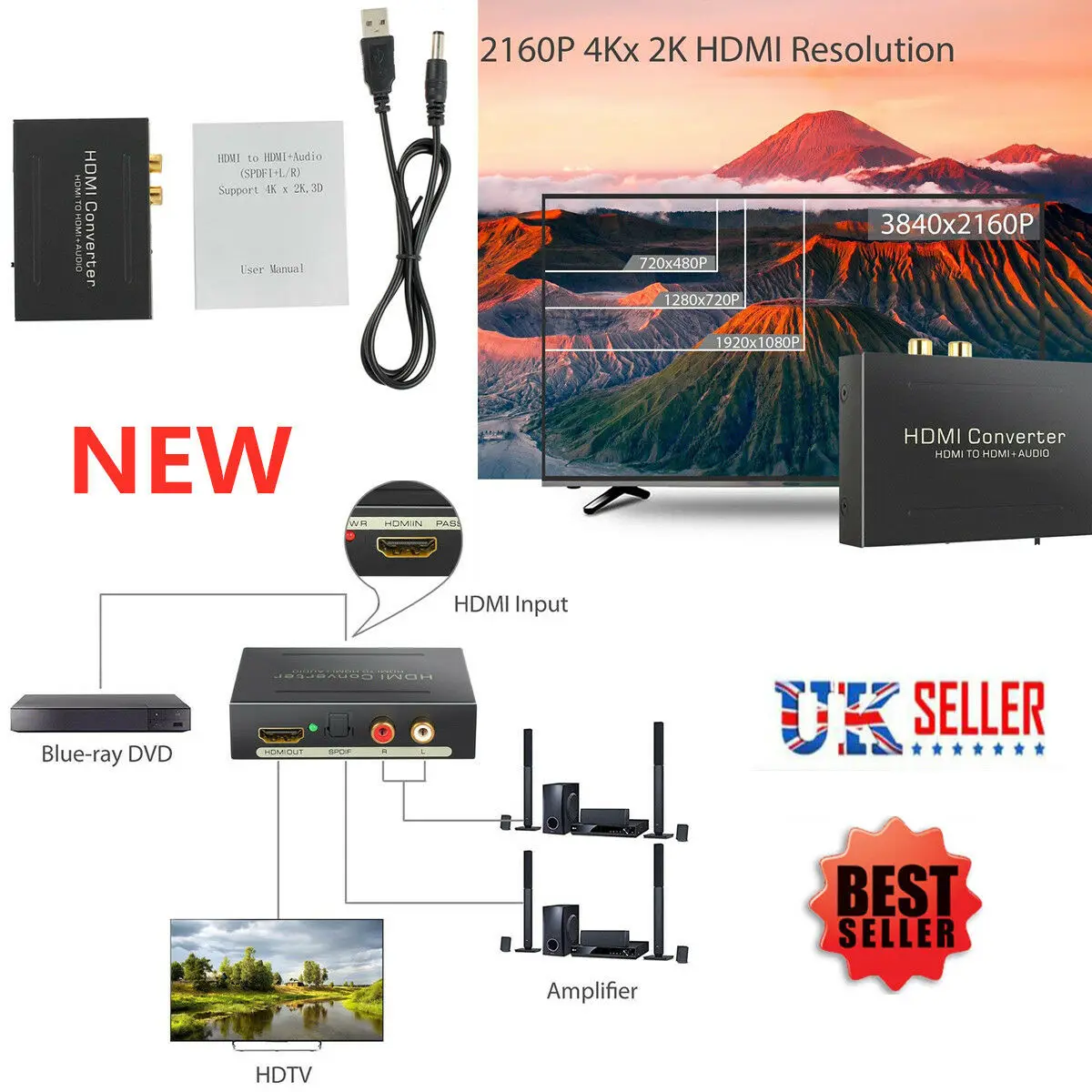HDMI To HDMI Audio Splitter Converter HDMI Audio Extractor Optical SPDIF 2RCA Analog Audio Extracter Converters Splitter 1080P