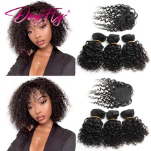 

Short Human Hair Extensions Kinky Curly Bundles with Closure Natural Peruvian Hair 3 Bundles Wet and Wavy Bundles With Closure