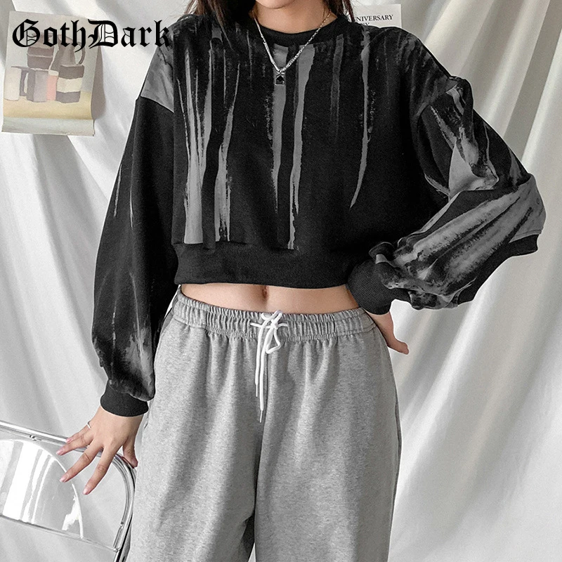 

Goth Dark Gothic Fashion Tie Dye Printed Grey Sweatshirts Punk Style Loose Long Sleeve Crop Pullovers Hollow Out Women Tops 2020