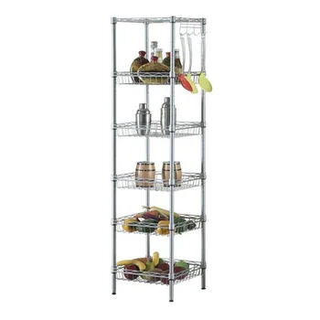 

Concise 6 Layers Carbon Steel & PP Kitchen/Living Room/Bathroom Multifunctional Storage Rack with Hooks Silver Gray