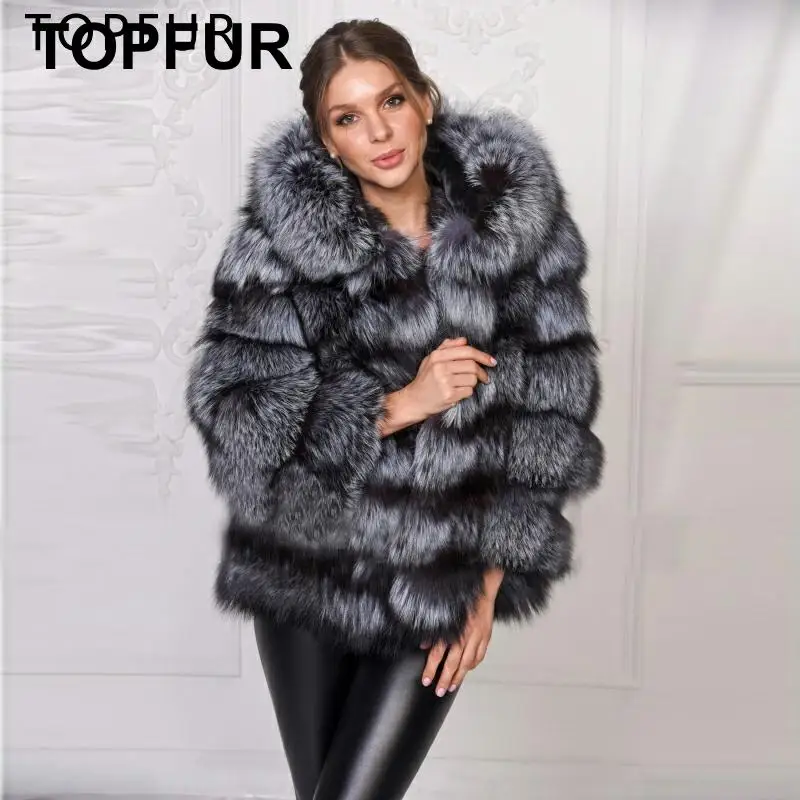 TOPFUR Новое модное пальто из натурального меха для женщин, Зимняя Толстая Меховая куртка с капюшоном, роскошная зимняя верхняя одежда из натурального меха серебристой лисы