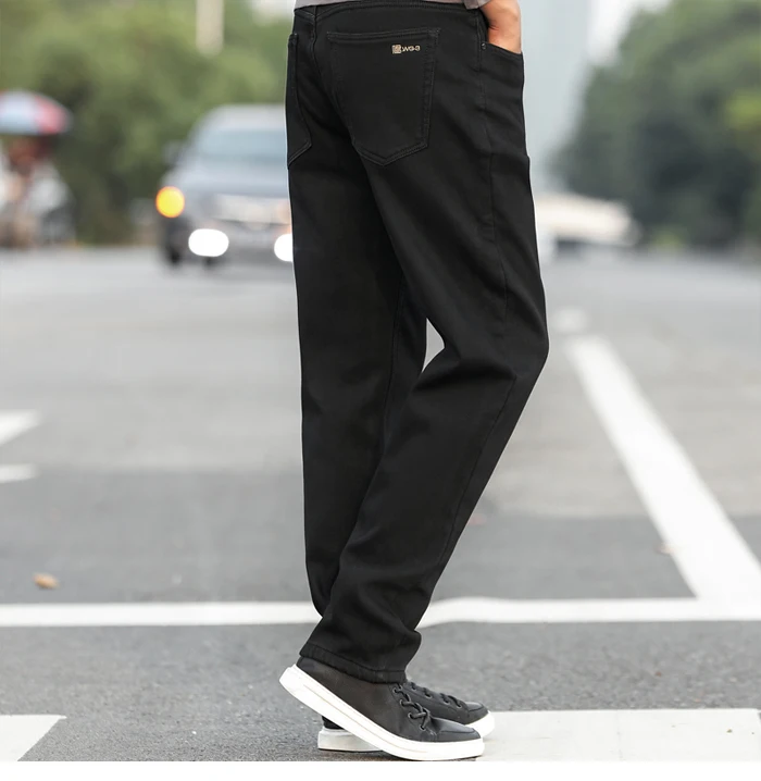 Модные зимние мужские джинсы большого размера, повседневные свободные эластичные теплые черные брюки, молодежные шерстяные брюки, высокая брендовая мужская одежда