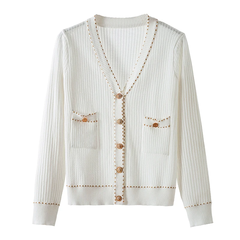 Women Knitted Cardigan French Elegant Casual V-Neck Sweater Top Outerwear photo