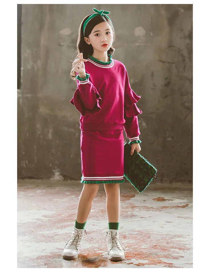 High Street/костюм для девочек, От 4 до 12 лет, фиолетовый, хлопковый, многослойный топ с расклешенными рукавами+ Минималистичная юбка с разрезом и оборкой, комплект для детей