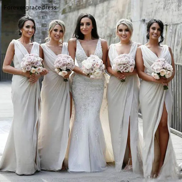 

Spring Summer Ivory Colour Bridesmaid Dresses V Neck Side Slit Maid of Honor Wedding Guest Gowns Plus Size