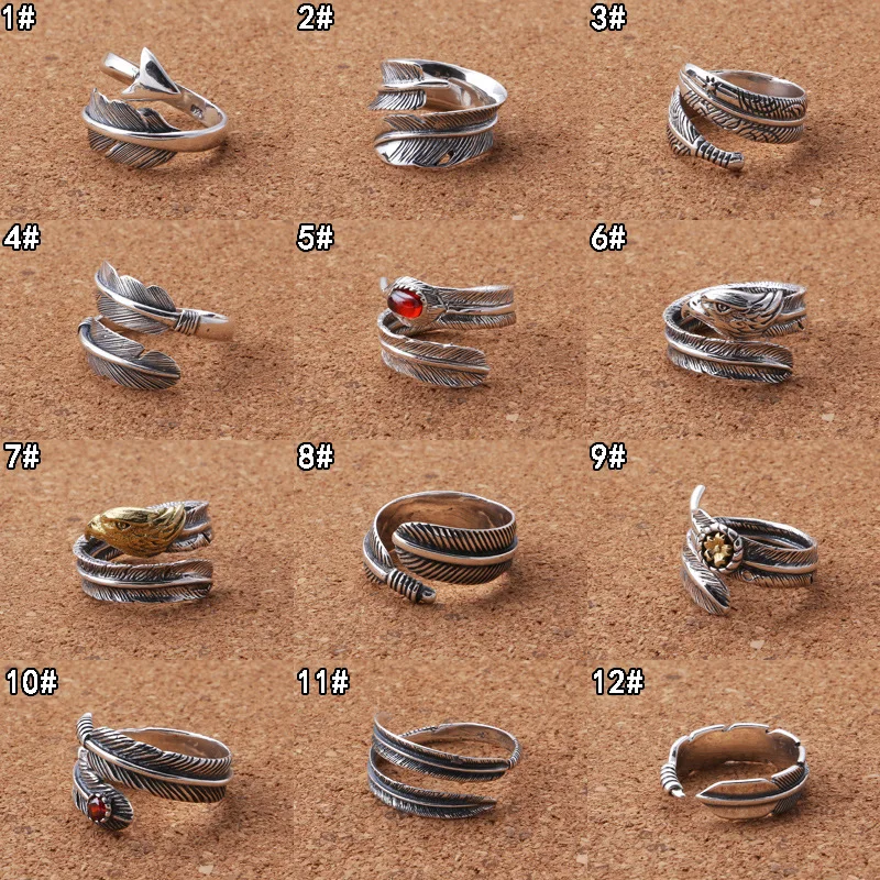 

100% Real 925 Sterling Silver Feather Open Vintage Rings for Women Men Fine Jewelry