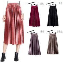 Женские плиссированные юбки большого размера, ретро юбка с высокой талией, однотонная длинная юбка, новая модная Золотая Бархатная юбка для женщин