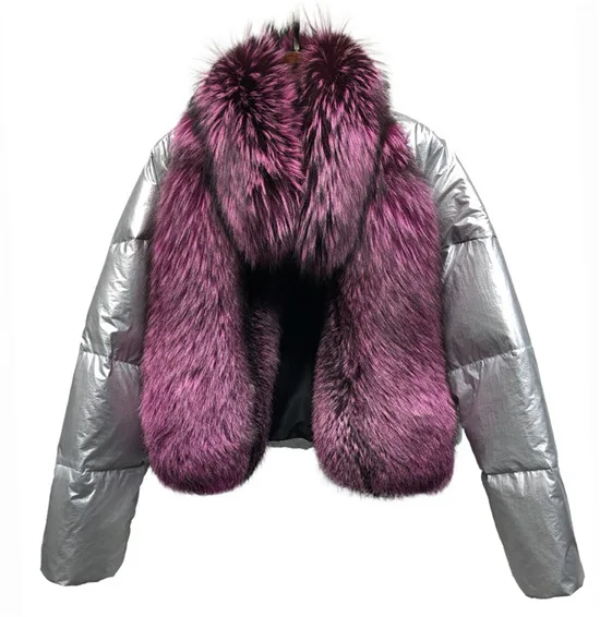 Зимняя женская куртка с натуральным мехом, Воротник из натурального Лисьего меха, свободное короткое пальто, серебристый белый пуховик на утином пуху, Корейская одежда - Цвет: purple fur sliver