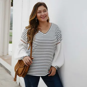 

2020 Spring Oversized Sweater Women Loose Striped Sweaters Ladies Plus Size Knitted Sweater Female V-neck Big Size Pullovers 4XL