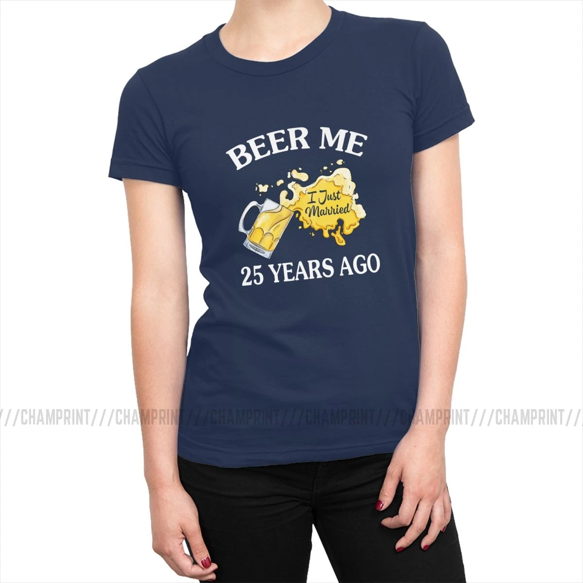 Beer Me я только что женат 25 лет назад футболка женская пара Подарок на годовщину футболка Гранж рок тройники топ Женская одежда графический - Цвет: Тёмно-синий