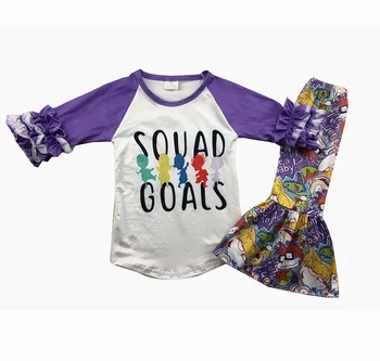 

333 fashion autumn baby girls purple ruffle 3/4 sleeve boutique winter clothing cartoon princess pattern boutique outfits 2 pcs