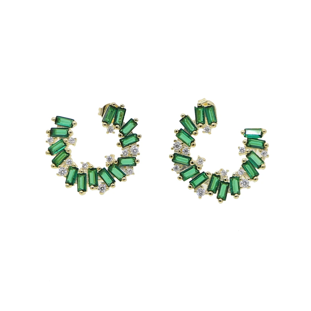 

baguette Green White cz Round circle earring geometric Gold color sparking cz Wedding engagement bridal trendy women jewelry