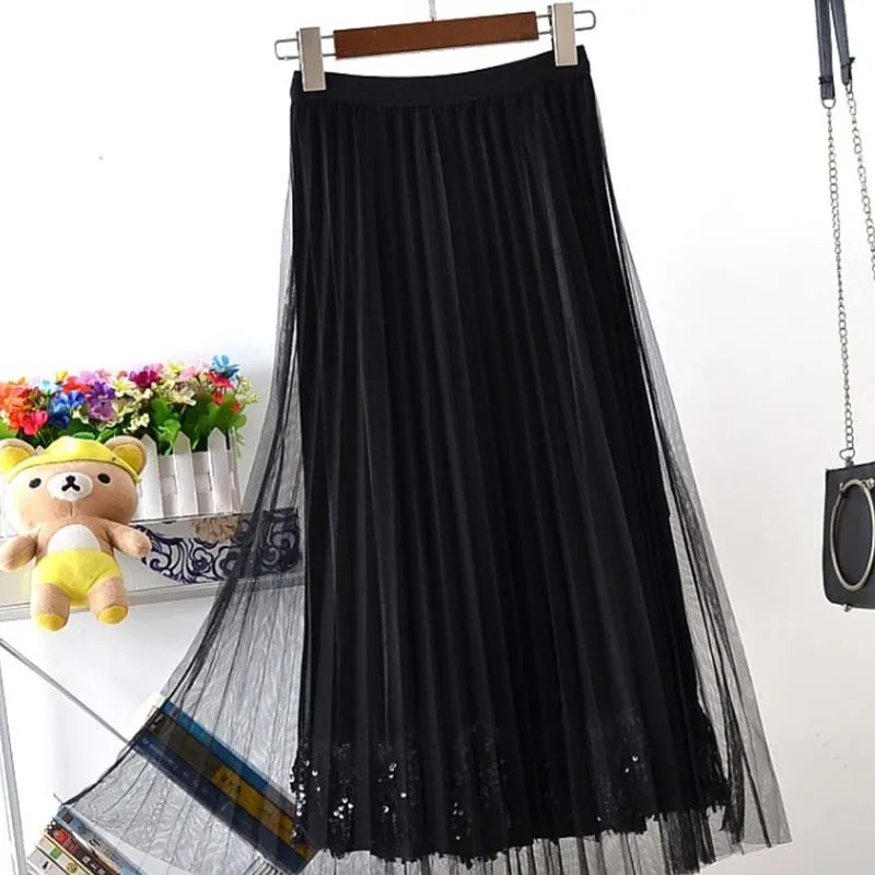 Gold Velvet High Waist Pleated Skirt Mesh Tulle Lace Stitching Sequin Bead Plus Size Two-tiered black Long Skirts women Clothes