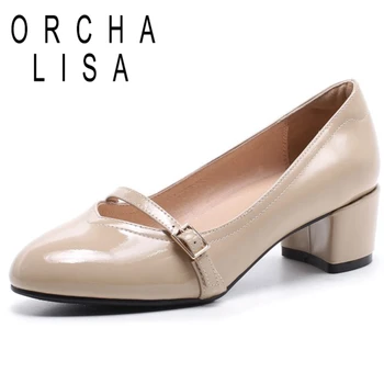 

ORCHA LISA Ladies Sexy Spring Autumn Pumps Round Toe 4.5CM Square Heel Patent Leather Belt Buckle Large size 33-41 Wedding C1908