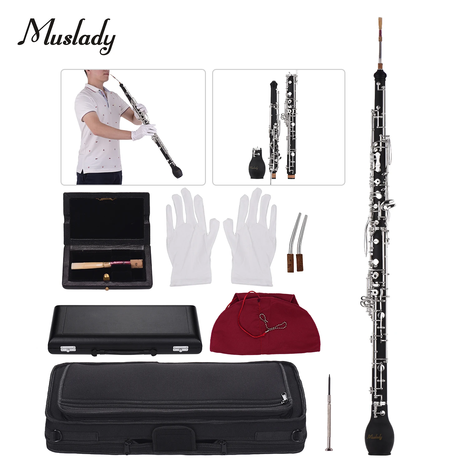Muslady Professional English Horn Alto Oboe F Key Synthetic Wood Body Silver-plated Keys Woodwind Instrument with Reed Gloves