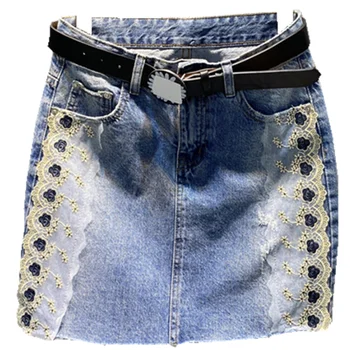 

2020 summer lace patchwork denimn skirt women high waist package hip a-line short jeans skirt
