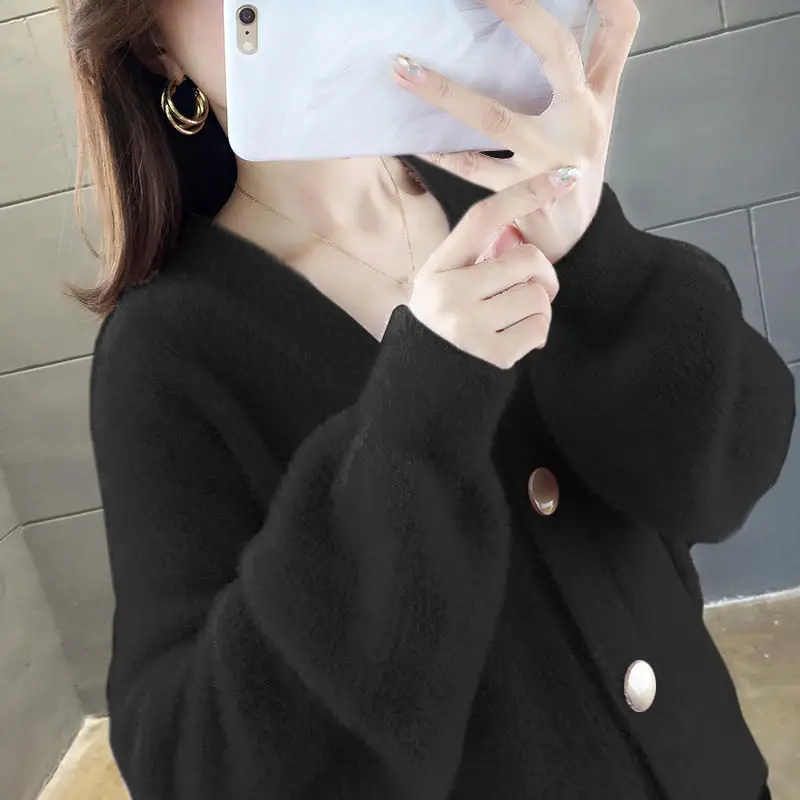 Black Sweater Теплый свитер кардиган женский вязаный длинный рукав бархатный кардиган свитер женская зимняя одежда Повседневная кнопка Леди Топы свитер Q1966 - Цвет: Black Sweater