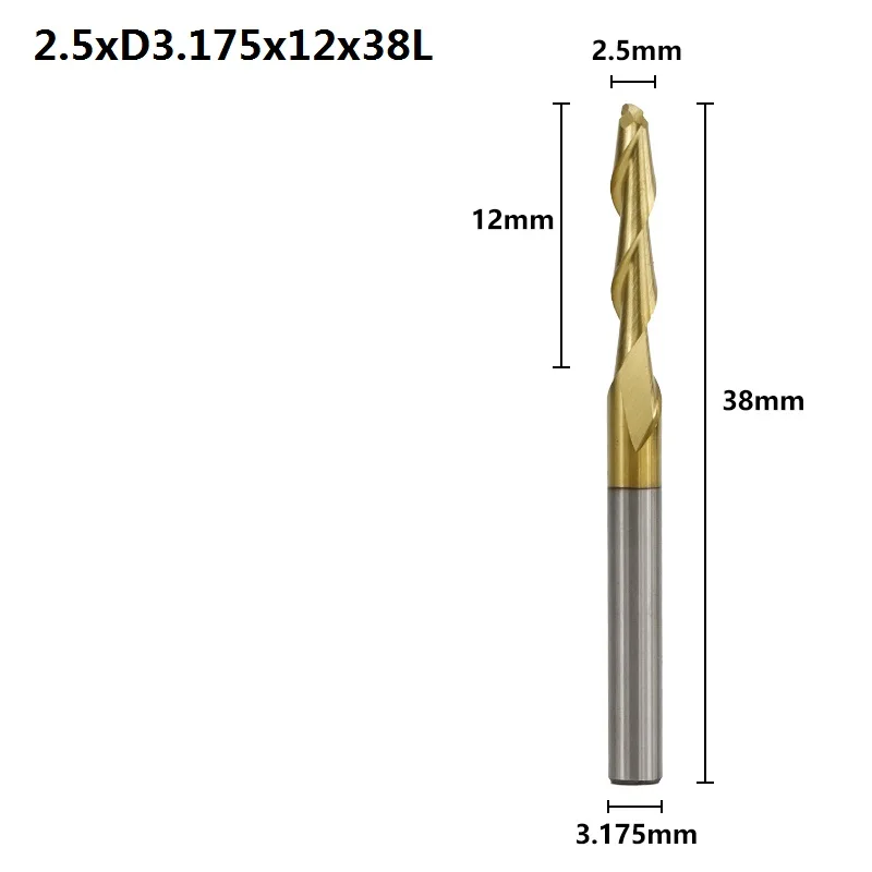 2.5xD3.175x12x38L XCAN 10 шт. 3,175 мм хвостовик 0,8-3,175 мм титановое покрытие Сферическая Концевая фреза Карбид спиральная Концевая фреза ЧПУ фреза - Длина режущей кромки: 2.5xD3.175x12x38L