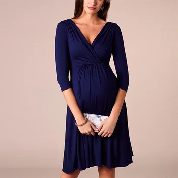 Breastfeeding Dresses Maternity Clothes for Pregnant Women Clothing Solid V-Neck Pregnancy Dresses Mother Wear Evening Dress 3