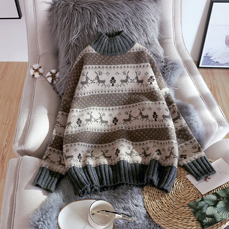 Полувысокий воротник свитер Осенне-зимняя Дамская обувь новые свободные жаккардовая одежда с оленем; вязаный джемпер с длинным рукавом, пуловеры, пальто, топы элегантный дизайн