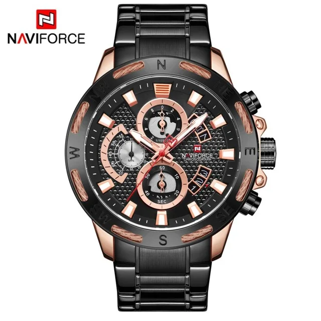 black NAVIFORCE золотые мужские часы из нержавеющей стали Кварцевые часы мужские Хронограф военные водонепроницаемые часы наручные часы Relogio Masculino - Цвет: black