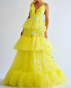 

Yellow Muslim Evening Dresses 2019 A-line V-neck Tulle Flowers Beaded Tiered Islamic Dubai Saudi Arabia Long Formal Evening Gown