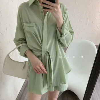 

2020 Elegant Green 2 Piece Shorts Set Women Oversize Long Blouse Tops+Pockets Loose Shorts Korean Summer Woman Set
