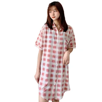 

Women Cotton Plaid Shirt Sexy Nightdress Loose Cardigan Lapel Short Sleeve Ladies One-piece Dress Casual Homewear New