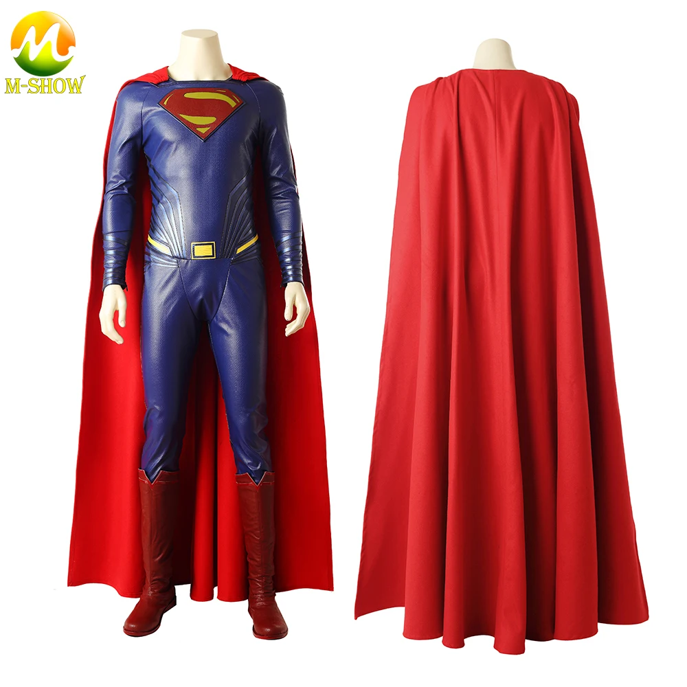 

Superhero Cosplay Clark Kent Role Playing Costume Jumpsuit Cape with Boots Full Set Halloween Fancy Suit for Adult Men Any Size