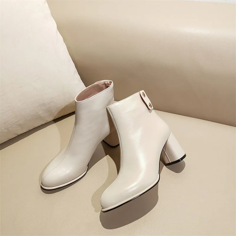 ANNYMOLI Autumn Ankle Boots Women Natural Genuine Leather Block High Heel Short Boots Zip Round Toe Shoes Female Winter Size 39
