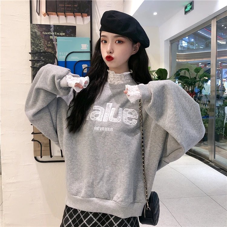Корейский ins Harajuku шикарный осенний женский свитер с буквенным принтом и кружевным краем с имитацией двух плюшевых бархатных толстых повседневных свитеров с длинными рукавами