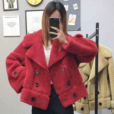 red Кашемировое пальто из овечьей шерсти для женщин, мех ягненка,, новое пальто с мехом, Осень-зима, короткие куртки, верхняя одежда для девочек, N939 - Цвет: red
