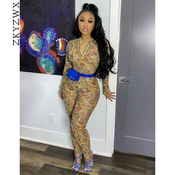 

ZKYZWX Sexy Mesh Print Long Sleeve Bodycon Overalls Stretch Rave Clothes Body One Piece Club Outfits Rompers Womens Jumpsuit