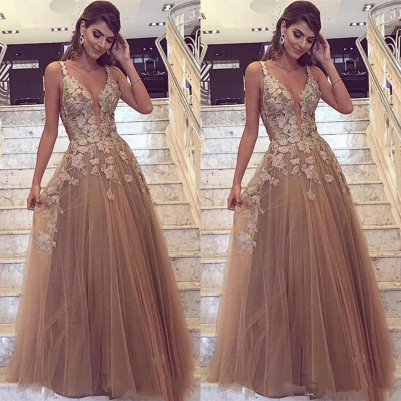 

2020 Dress Deep V Neck Appliques Prom Dresses Long Elegant A Line Tulle Evening Wear Plus Size Formal Party Gowns Vestidos