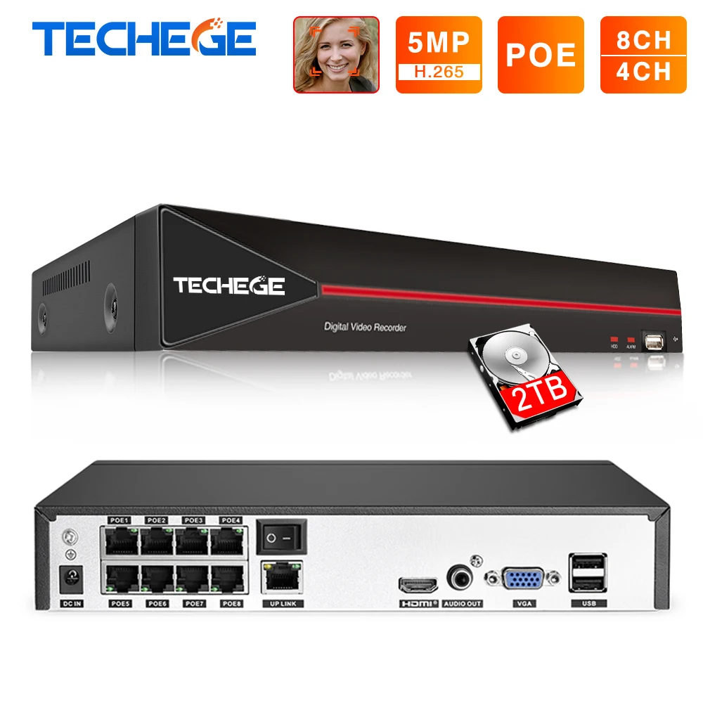 Techege 4CH 8CH HD 5MP 4MP PoE камера охранной системы видеонаблюдения DVR NVR все в одном