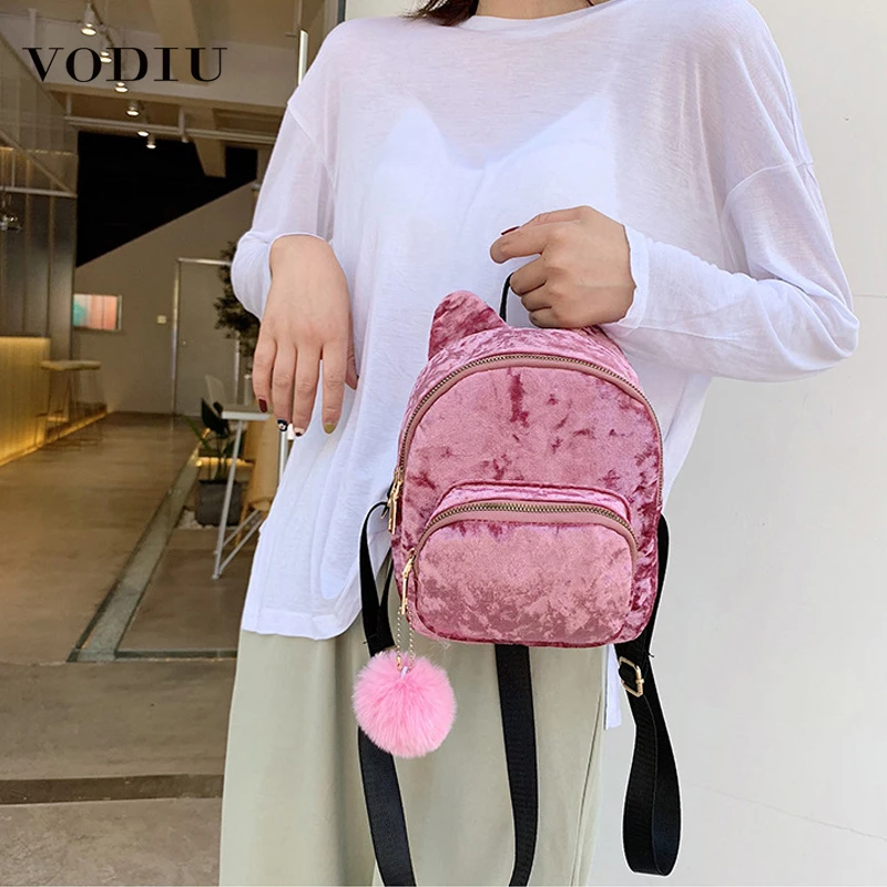 New Fashion Women Backpack Velour Female Bag Zipper Ladies Backpacks Girl Cartoon Kitten Ear Hair Ball Desinger Shoulder Bags