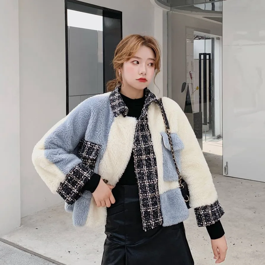 

Photo Shoot Vintage Graceful Pattern Joint Lambs Wool Contrast Color Fold-down Collar Fur Woolen Cloth Short Jacket Women's