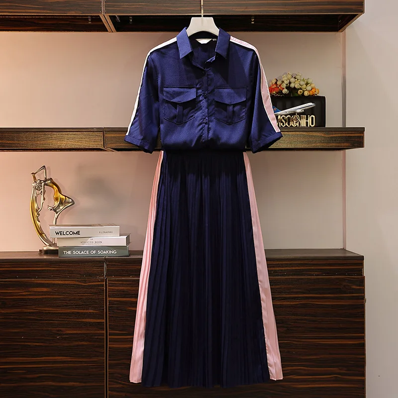 

2019 Summer New Style Large Size Dress Large GIRL'S Fashion Slimming Fold-down Collar Tops + Skirt Two-Piece Set