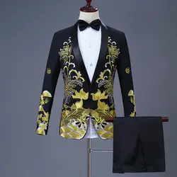 Китайский стиль мужской вышитый узор размера плюс однобортный певец концертное представление Блейзер наборы мужские вечерние костюмы