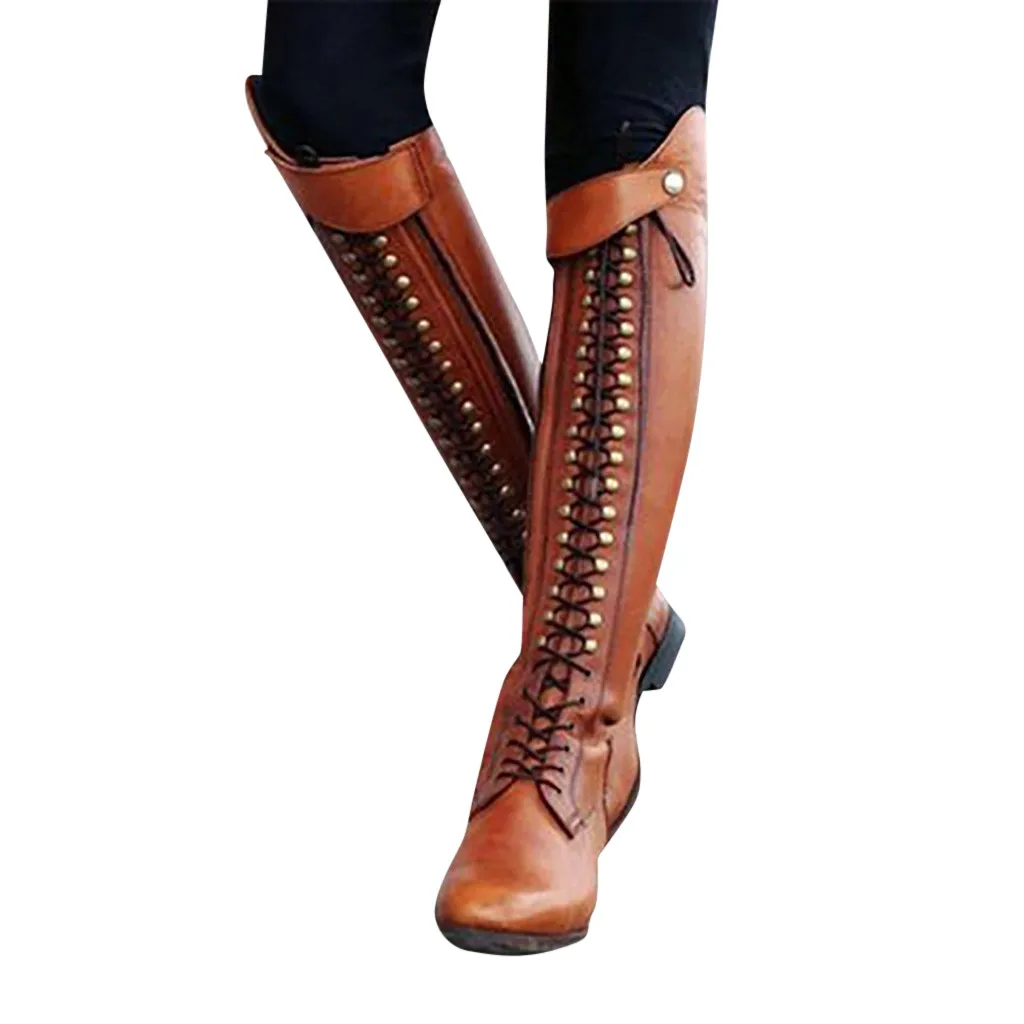 

SAGACE Over The Knee Boots Shoes Womens Western Platform Cowboy Lace-Up Round Toe Over The Knee High Knight Boots