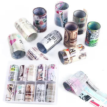 

10 Rolls/Box Nail Art Transfer Foil Stickers Retro Newspaper Designs Adhesive Full Decal Wraps Manicure Decorations TRXKH86
