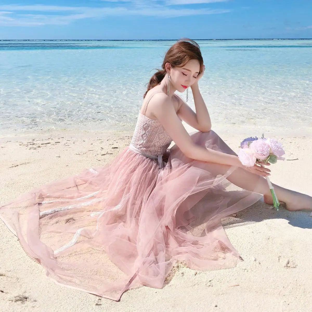 

Maldives Holiday Camisole Dreamy Gauze Gentle Fairy Skirt High-waisted Dress